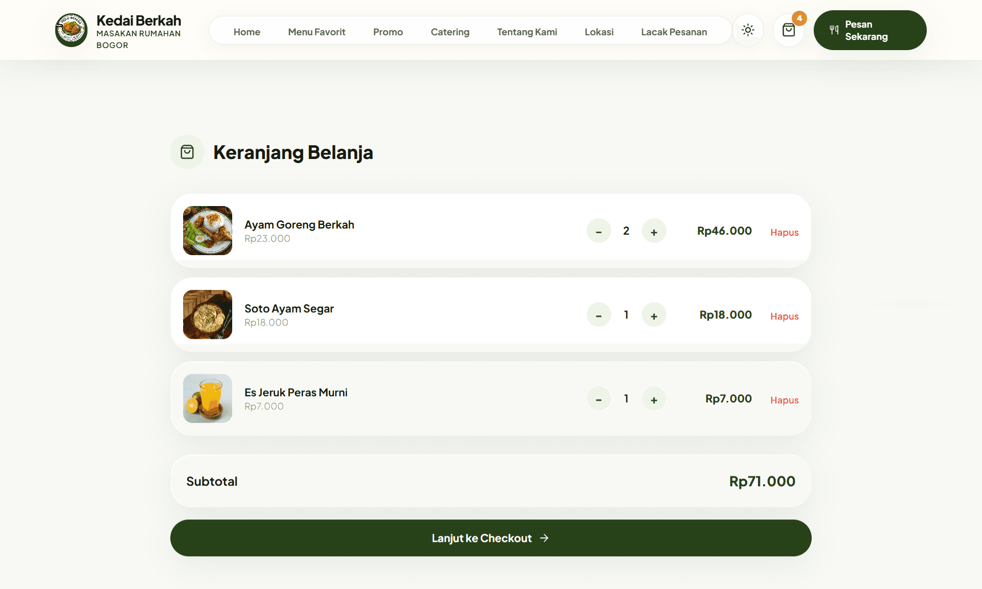 Cart — add items, adjust quantities, remove what you don't want.