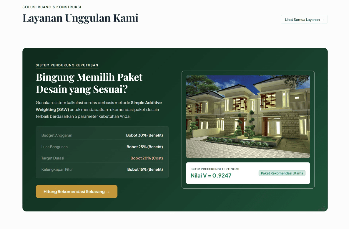 Recommendation results — ranking design packages by SAW score.