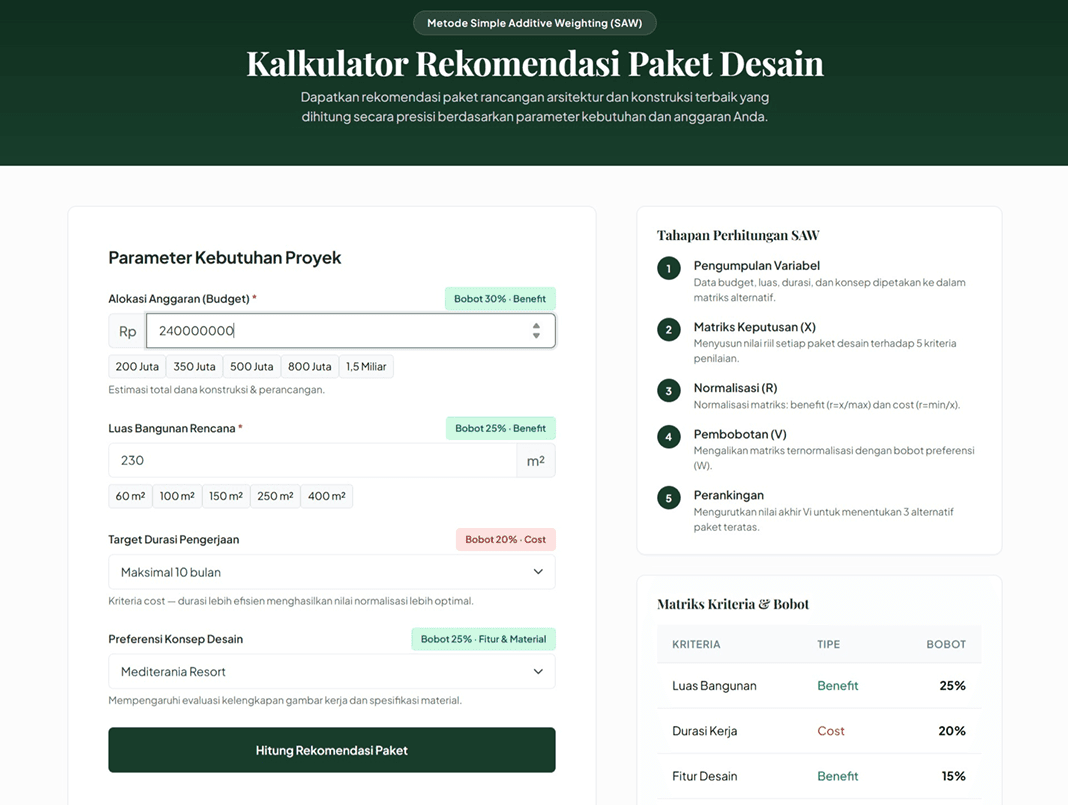 Design package calculator — evaluating requirements with the SAW method.