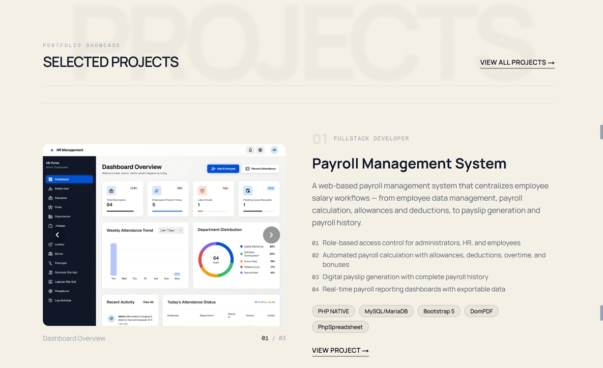 Featured project — the payroll system, employee/attendance/salary management.