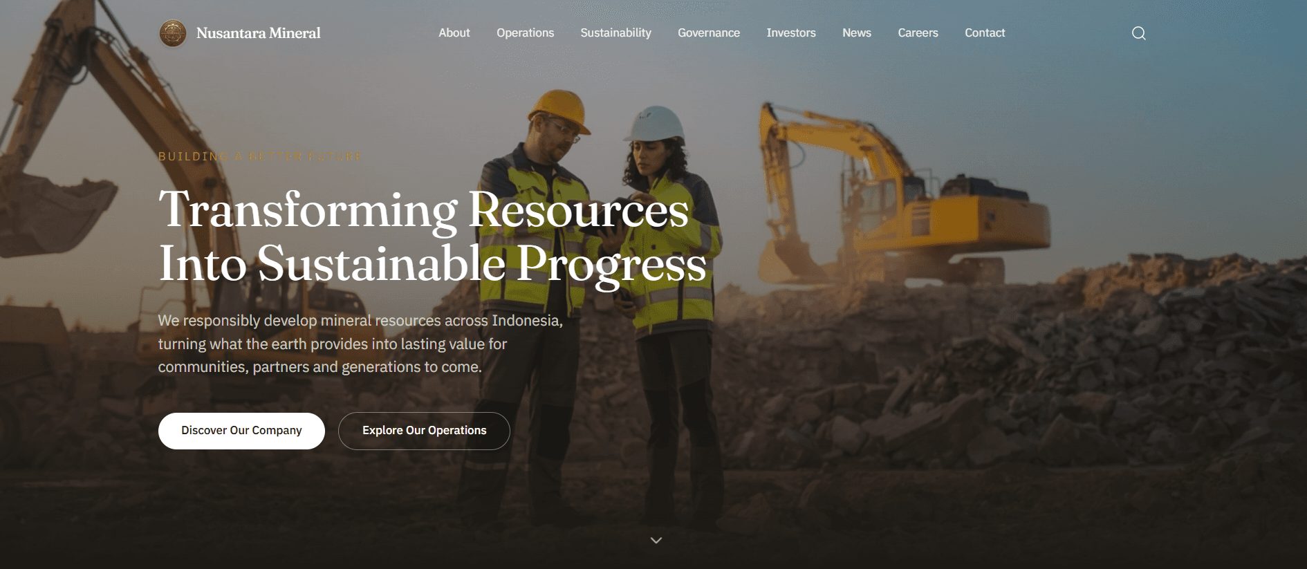 Hero section — fullscreen banner with the company's mission statement.